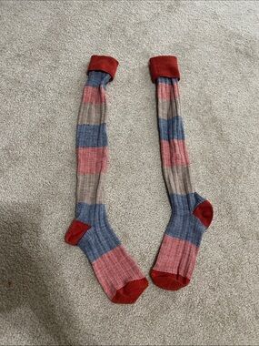 Free People Striped Over the Knee Socks in Red, Blue & Tan